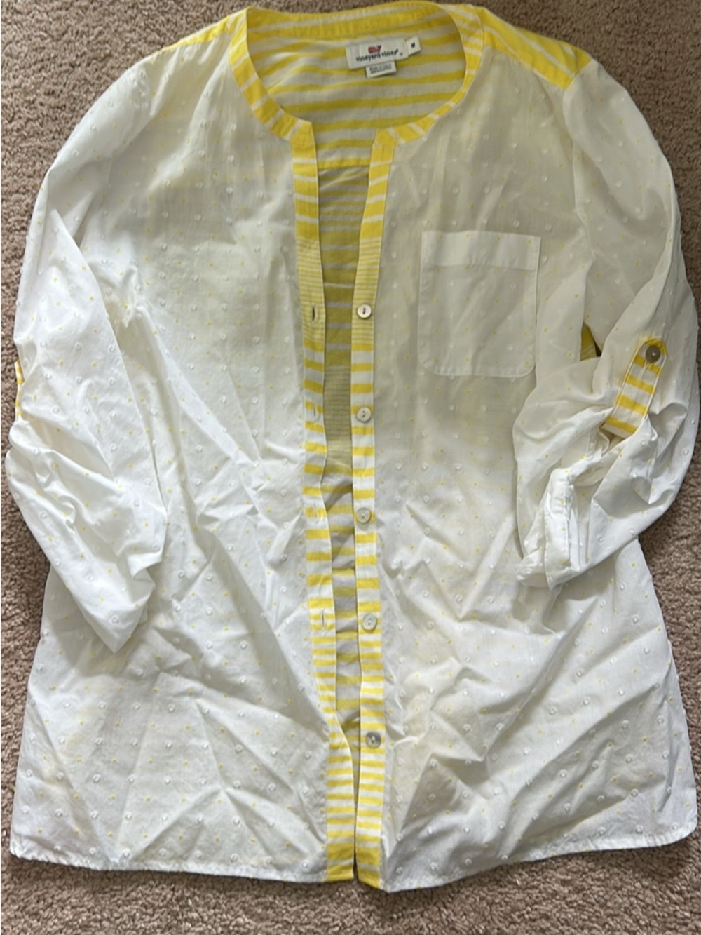 Vineyard Vines White Cotton Shirt Jacket with Yellow Stripe Trim